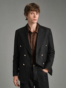 Calmiston Men's Business Casual Peak Collar Metal Double-Breasted Slim Fit Double Breasted Blazer, Formal - Black - View 8