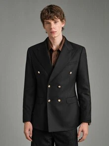 Calmiston Men's Business Casual Peak Collar Metal Double-Breasted Slim Fit Double Breasted Blazer, Formal - Black - View 3