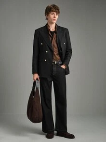 Calmiston Men's Business Casual Peak Collar Metal Double-Breasted Slim Fit Double Breasted Blazer, Formal - Black - View 10