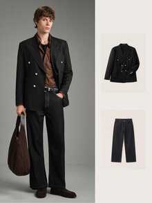 Calmiston Men's Business Casual Peak Collar Metal Double-Breasted Slim Fit Double Breasted Blazer, Formal - Black - View 12