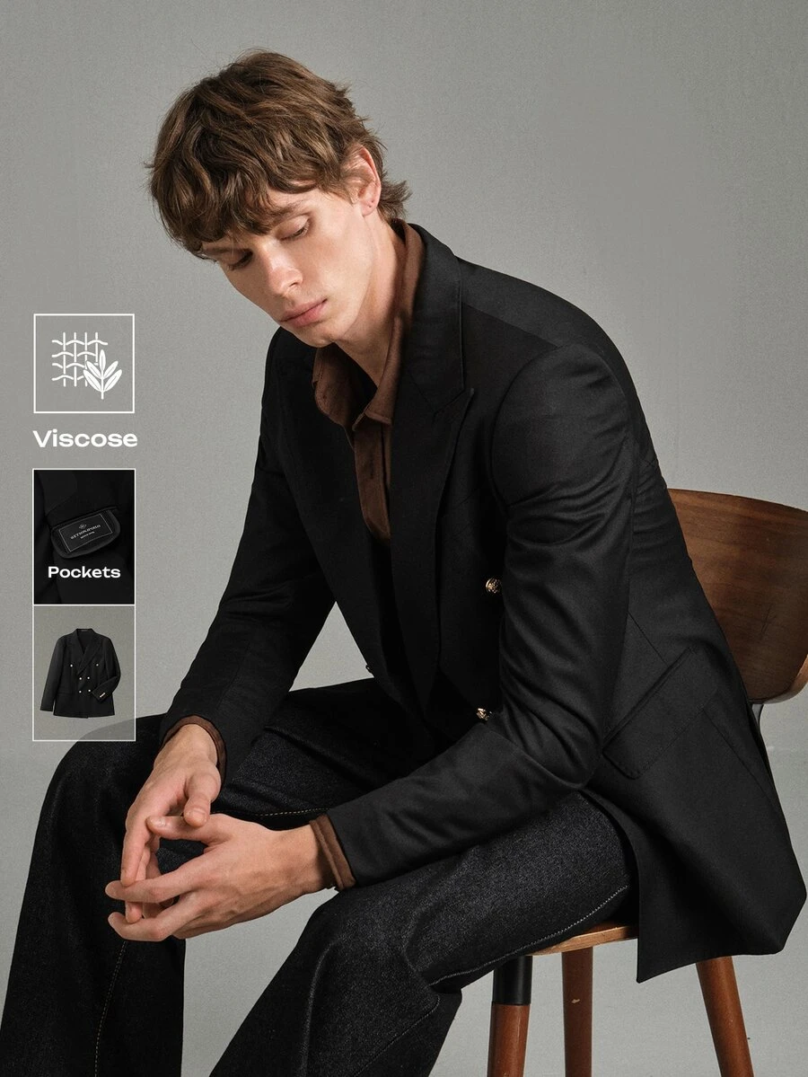 Calmiston Men's Business Casual Peak Collar Metal Double-Breasted Slim Fit Double Breasted Blazer, Formal - Black - View 1