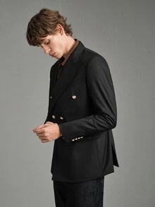 Calmiston Men's Business Casual Peak Collar Metal Double-Breasted Slim Fit Double Breasted Blazer, Formal - Black - View 5