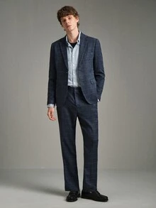 Calmiston 男士 1件格紋單排扣西裝外套 & 1件正式西裝長褲，老錢風，儀式感 - 藏蓝色 - 查看 11