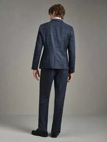 Calmiston 男士 1件格紋單排扣西裝外套 & 1件正式西裝長褲，老錢風，儀式感 - 藏蓝色 - 查看 5