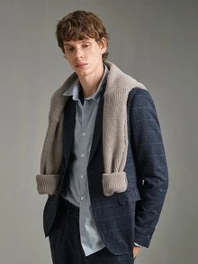 Calmiston 男士 1件格紋單排扣西裝外套 & 1件正式西裝長褲，老錢風，儀式感 - 藏蓝色 - 查看 3