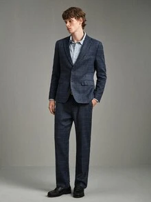 Calmiston 男士 1件格紋單排扣西裝外套 & 1件正式西裝長褲，老錢風，儀式感 - 藏蓝色 - 查看 10