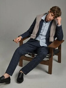 Calmiston 男士 1件格紋單排扣西裝外套 & 1件正式西裝長褲，老錢風，儀式感 - 藏蓝色 - 查看 13