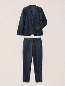 Calmiston 男士 1件格紋單排扣西裝外套 & 1件正式西裝長褲，老錢風，儀式感 - 藏蓝色 - 查看 14