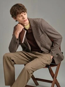Calmiston Jaket Jas Kasual Pria Kerah Berkerah Tunggal - Coklat - View 10