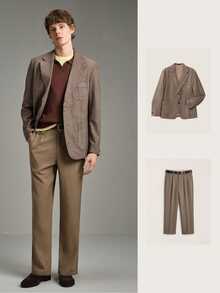 Calmiston Jaket Jas Kasual Pria Kerah Berkerah Tunggal - Coklat - View 12