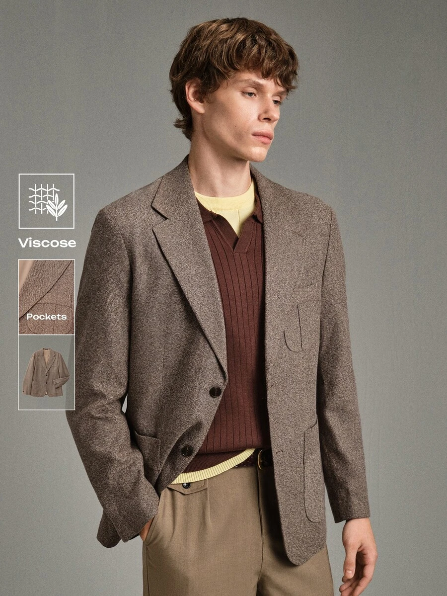 Calmiston Jaket Jas Kasual Pria Kerah Berkerah Tunggal - Coklat - View 1