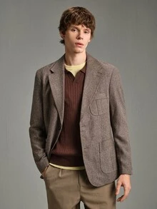Calmiston Jaket Jas Kasual Pria Kerah Berkerah Tunggal - Coklat - View 3