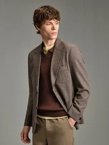Calmiston Jaket Jas Kasual Pria Kerah Berkerah Tunggal - Coklat - View 4