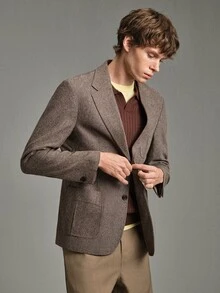 Calmiston Jaket Jas Kasual Pria Kerah Berkerah Tunggal - Coklat - View 5