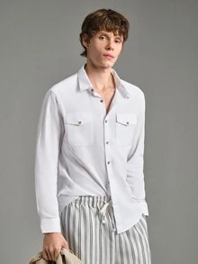 Calmiston Men's Single-Breasted Casual Loose White Shirt With Double Pockets Men Shirts Pocket Button Up Two Long Sleeve For Beach Men,Fall - White - View 10