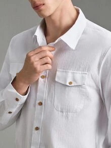 Calmiston Men's Single-Breasted Casual Loose White Shirt With Double Pockets Men Shirts Pocket Button Up Two Long Sleeve For Beach Men,Fall - White - View 5