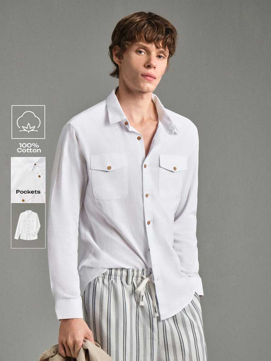 Calmiston Men's Single-Breasted Casual Loose White Shirt With Double Pockets Men Shirts Pocket Button Up Two Long Sleeve For Beach Men,Fall - White - View 1