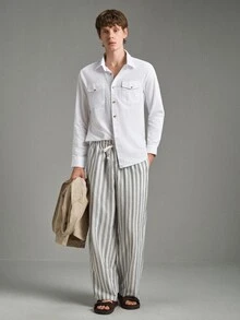 Calmiston Men's Single-Breasted Casual Loose White Shirt With Double Pockets Men Shirts Pocket Button Up Two Long Sleeve For Beach Men,Fall - White - View 7