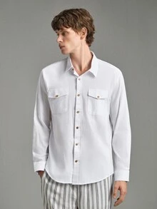 Calmiston Men's Single-Breasted Casual Loose White Shirt With Double Pockets Men Shirts Pocket Button Up Two Long Sleeve For Beach Men,Fall - White - View 3