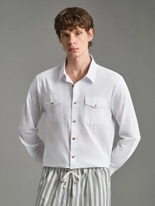 Calmiston Men's Single-Breasted Casual Loose White Shirt With Double Pockets Men Shirts Pocket Button Up Two Long Sleeve For Beach Men,Fall - White - View 6