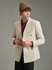 Calmiston Men's Versatile Lapel Neck Long Sleeve Double-Breasted Corduroy Blazer, Formal - White - View 6