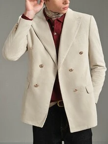 Calmiston Men's Versatile Lapel Neck Long Sleeve Double-Breasted Corduroy Blazer, Formal - White - View 7