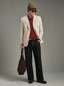 Calmiston Men's Versatile Lapel Neck Long Sleeve Double-Breasted Corduroy Blazer, Formal - White - View 9