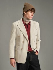 Calmiston Men's Versatile Lapel Neck Long Sleeve Double-Breasted Corduroy Blazer, Formal - White - View 2