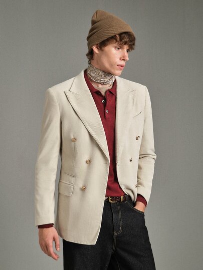 Calmiston Men's Versatile Lapel Neck Long Sleeve Double-Breasted Corduroy Blazer, Formal