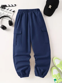 SHEIN Kids Tween Boy Large Pocket 3D Loose Pants Suitable For Commuting, School, Daily Casual, Vacation, Travel, Sports, Spring, Summer, Autumn, Winter - Navy Blue - View 2