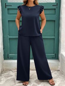SHEIN Clasi Spring/Summer Women's Khaki Cap Sleeve Shirt With Elastic Waist Wide Leg Pants Set, Elegant Daily Outfit For Plus Size - Navy Blue - View 7
