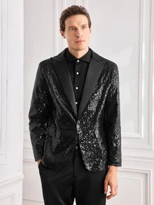 Officeau Men Lapel Collar Single Button Sequin Blazer - Black - View 6
