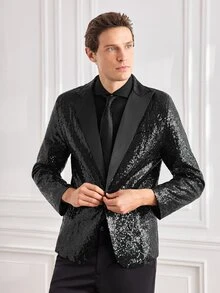 Officeau Men Lapel Collar Single Button Sequin Blazer - Black - View 4