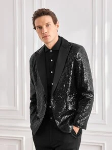 Officeau Men Lapel Collar Single Button Sequin Blazer - Black - View 5