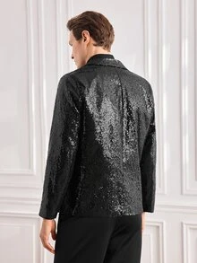 Officeau Men Lapel Collar Single Button Sequin Blazer - Black - View 2