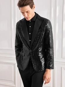 Officeau Men Lapel Collar Single Button Sequin Blazer - Black - View 8