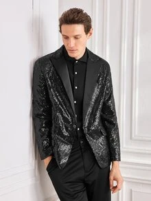 Officeau Men Lapel Collar Single Button Sequin Blazer - Black - View 7