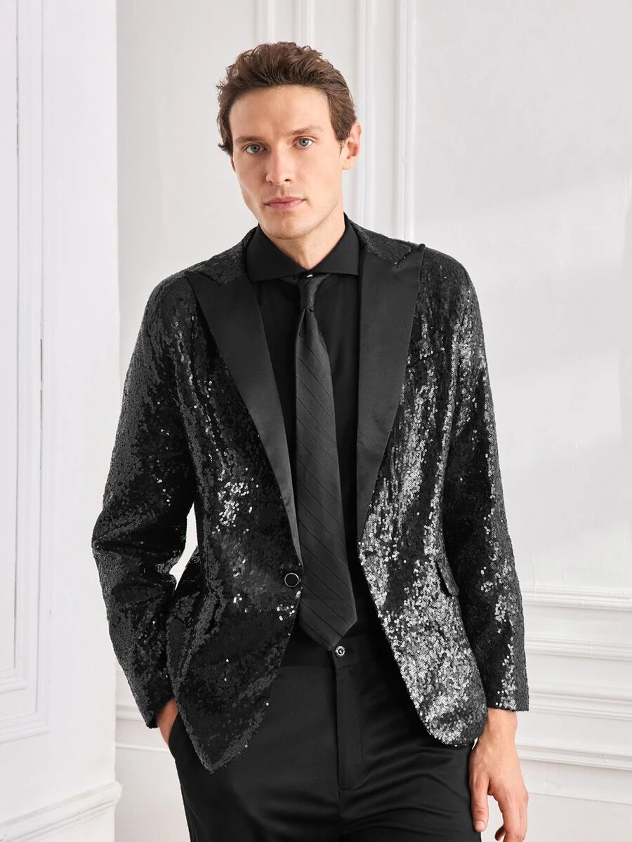 Officeau Men Lapel Collar Single Button Sequin Blazer - Black - View 1