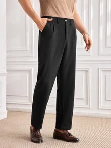 Officeau Men's Linen Casual Loose Fit Business Suit Pants, Straight Leg, Solid Color, Suitable For Spring And Autumn - Black - View 5