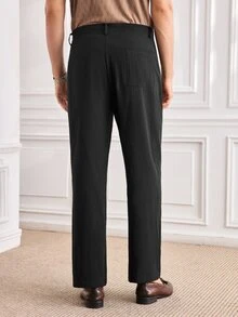 Officeau Men's Linen Casual Loose Fit Business Suit Pants, Straight Leg, Solid Color, Suitable For Spring And Autumn - Black - View 2