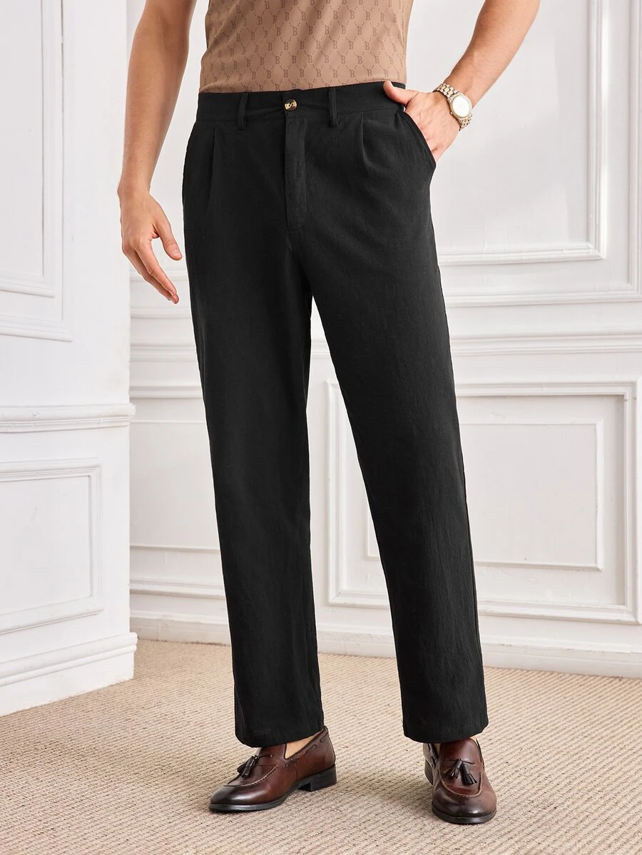 Officeau Men's Linen Casual Loose Fit Business Suit Pants, Straight Leg, Solid Color, Suitable For Spring And Autumn - Black - View 1