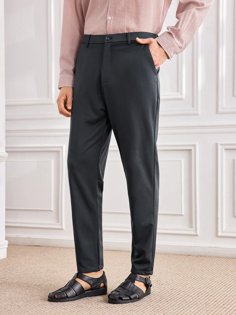 Officeau Men's Lightweight Summer Cargo Pants, Solid Color Casual Commuter Straight Leg Trousers, Belt Not Included - Dark Grey - View 1