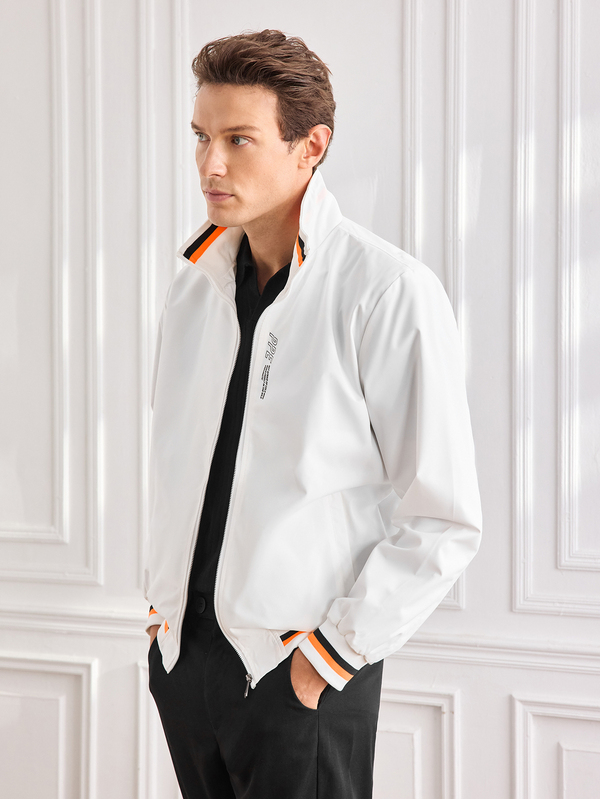 Officeau Men Long Sleeve Letter Graphic Striped Trim Zip Up Jacket, For Fall