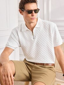 Officeau 男士夏季提花紋理對比色半拉鍊 Polo 衫，休閒極簡都市成熟英倫紳士風 - 白色 - 查看 5