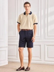 Officeau 男士夏季提花紋理撞色半拉鍊 Polo 衫，休閒極簡都市成熟英倫紳士風 - 杏色 - 查看 3