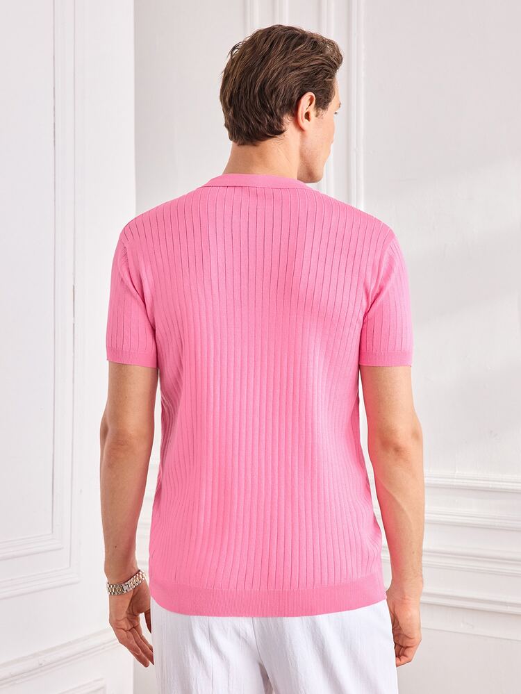 Officeau Men's Summer Knitted Classic Ribbed Collar Solid Color Short Sleeve, Suitable For Summer Outdoor Activities, Fashionable Outfit Essential - Baby Pink - View 2