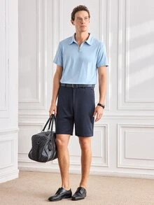 Officeau 男士素色半開襟休閒百搭通勤短袖 Polo 衫 - 淺藍色 - 查看 4