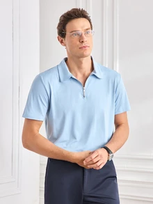 Officeau 男士素色半開襟休閒百搭通勤短袖 Polo 衫 - 淺藍色 - 查看 5