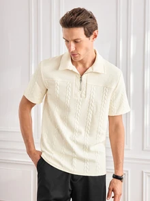 Officeau Men's Fashion Top, Spring/Summer Outdoor Casual Wheat Texture Fabric, Solid Color Polo Shirt With Lapel, Zipper And Patchwork Short Sleeve - Apricot - View 5