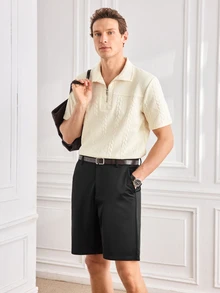 Officeau Men's Fashion Top, Spring/Summer Outdoor Casual Wheat Texture Fabric, Solid Color Polo Shirt With Lapel, Zipper And Patchwork Short Sleeve - Apricot - View 4